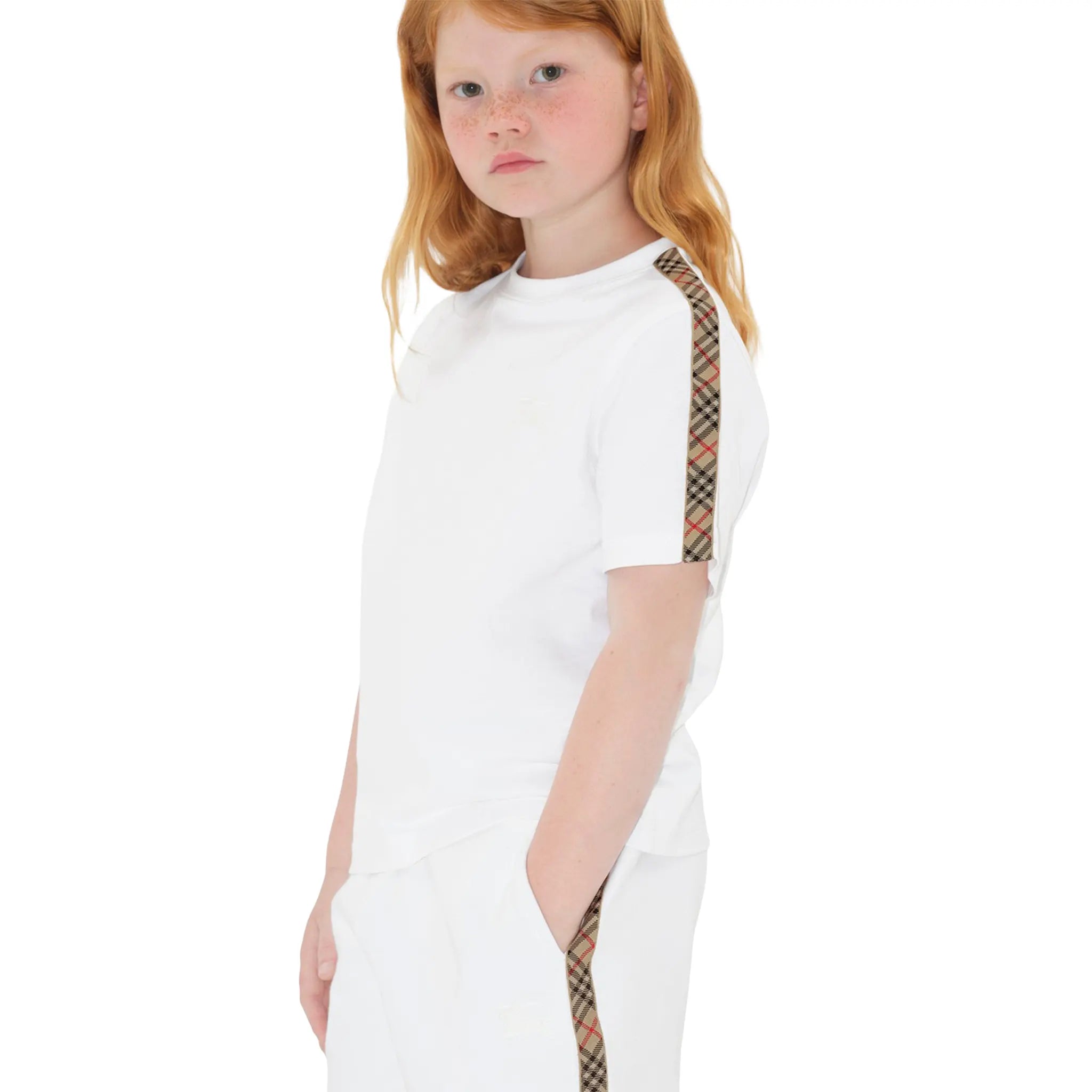 Model View of Burberry Kids Cedar Check Tape White T Shirt BURA5016135223